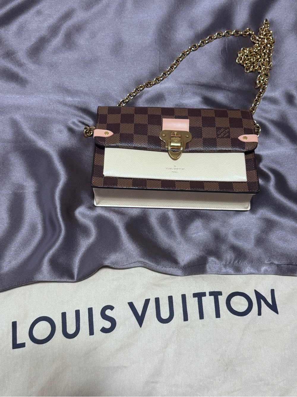 Louis Vuitton Brown Damier Ebene with Cream & Pink Accent Chain Crossbody